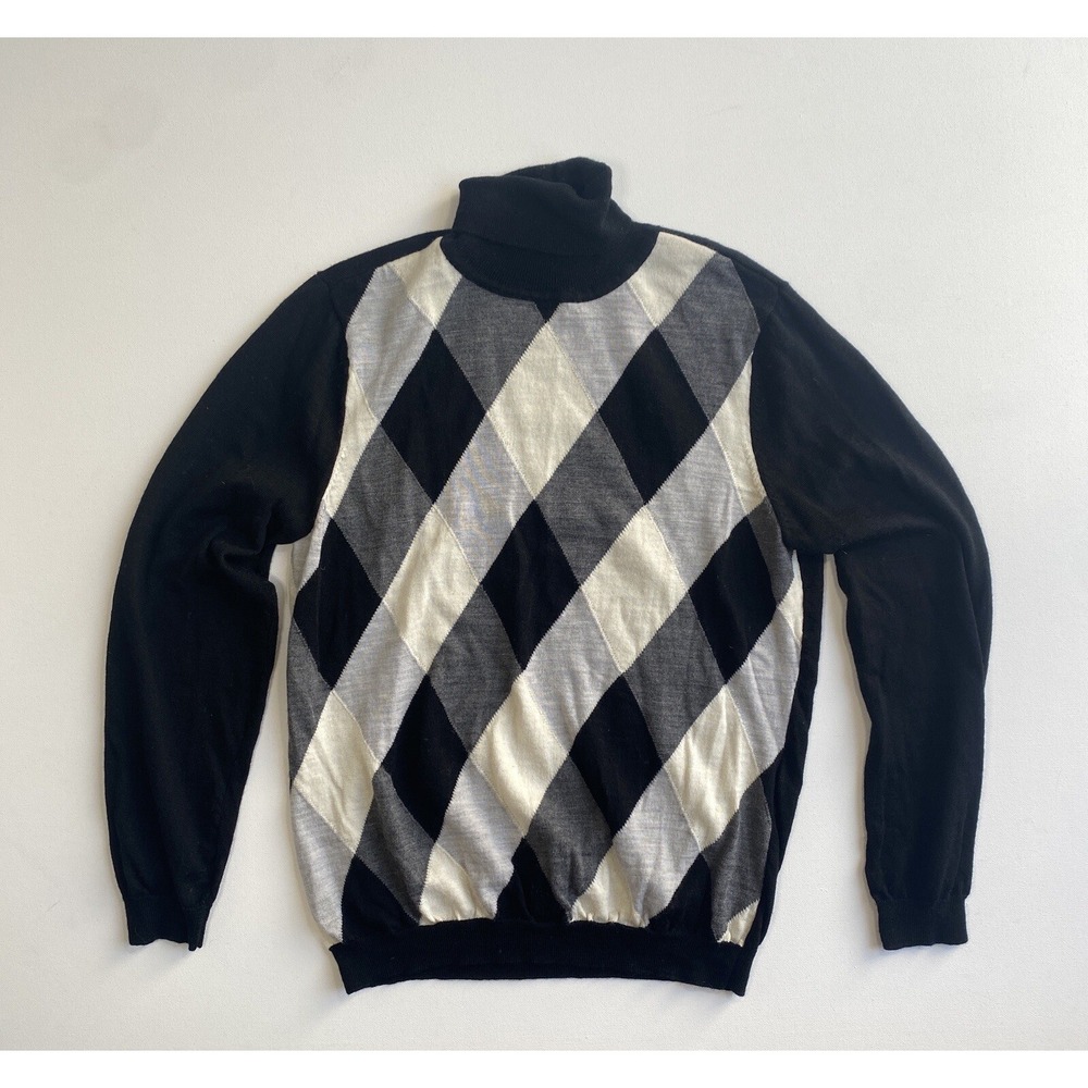 Charter Club Merino Wool Turtleneck Sweater Black Argyle Women's Large Luxury